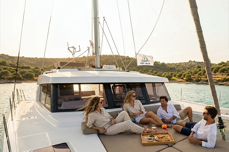 Freunde genießen einen Snack auf Katamaran