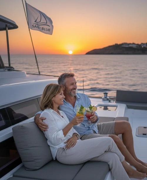 Paar sitzt auf einem Katamaran und genießt mit einem Cocktail den Sonnenuntergang