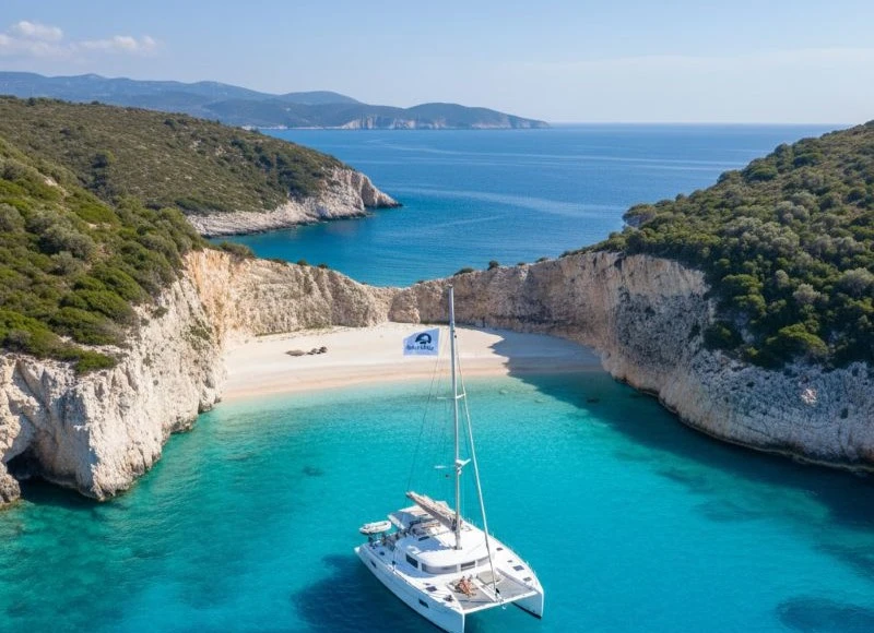 Katamaran liegt in einer Bucht bei den ionischen Inseln