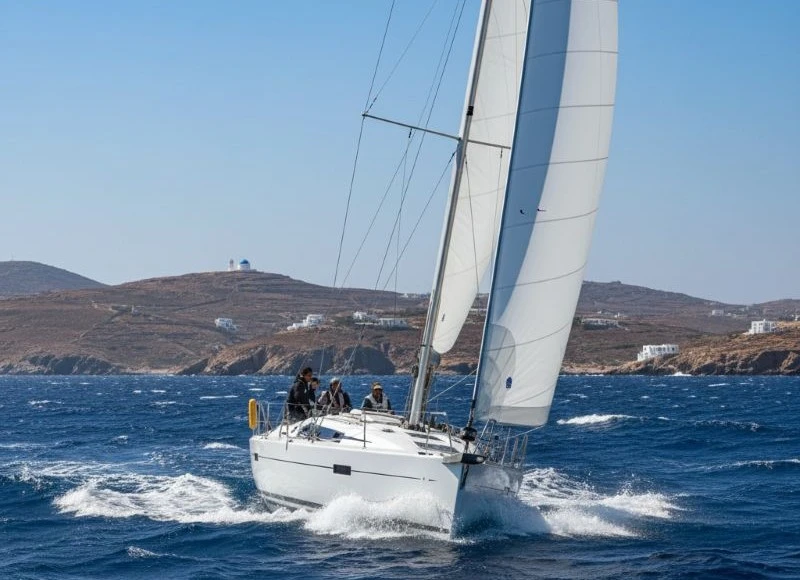 Segelyacht segelt bei stärkerem Wind durch die Kykladen