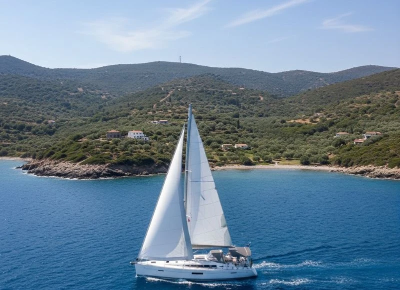 Segelyacht segelt gemütlich entlang der Peloponnes