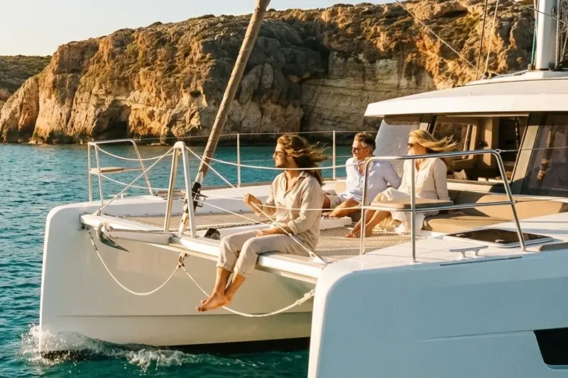 Freunde genießen die Sonne auf einem Katamaran